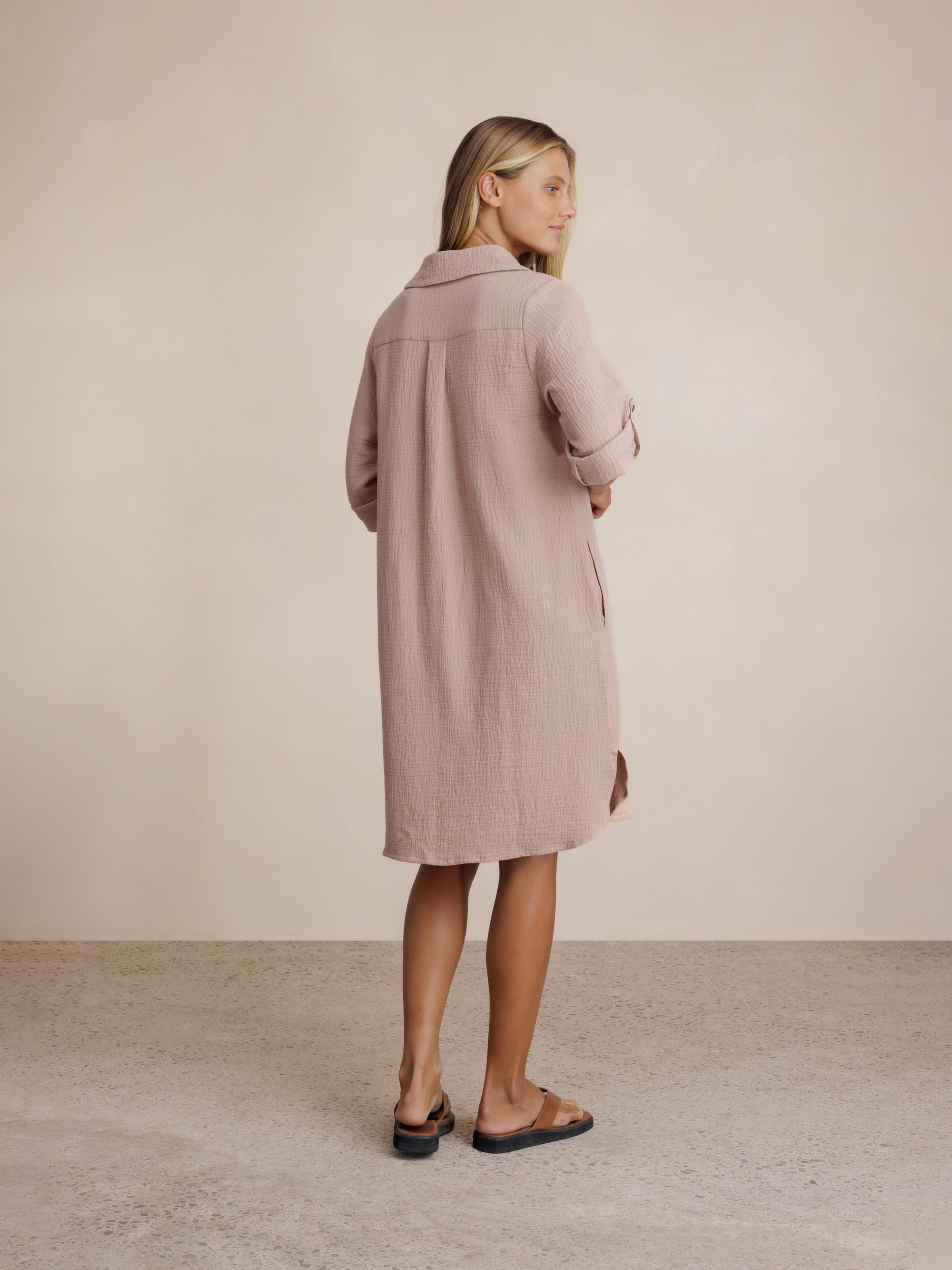 Model wears Harley Cotton Shirt Dress in Tea Rose