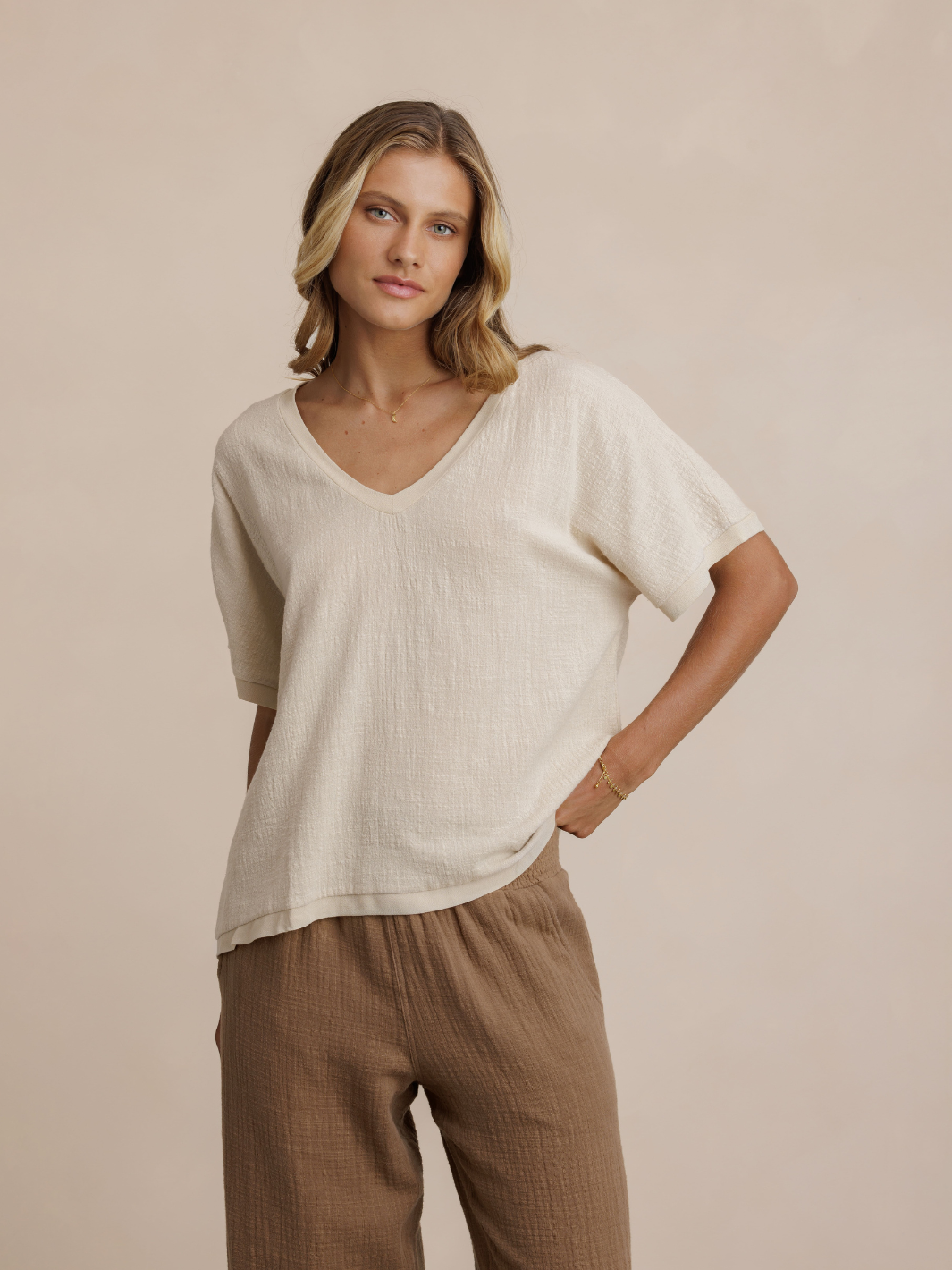 Model wears Montego Cotton Top in Stone