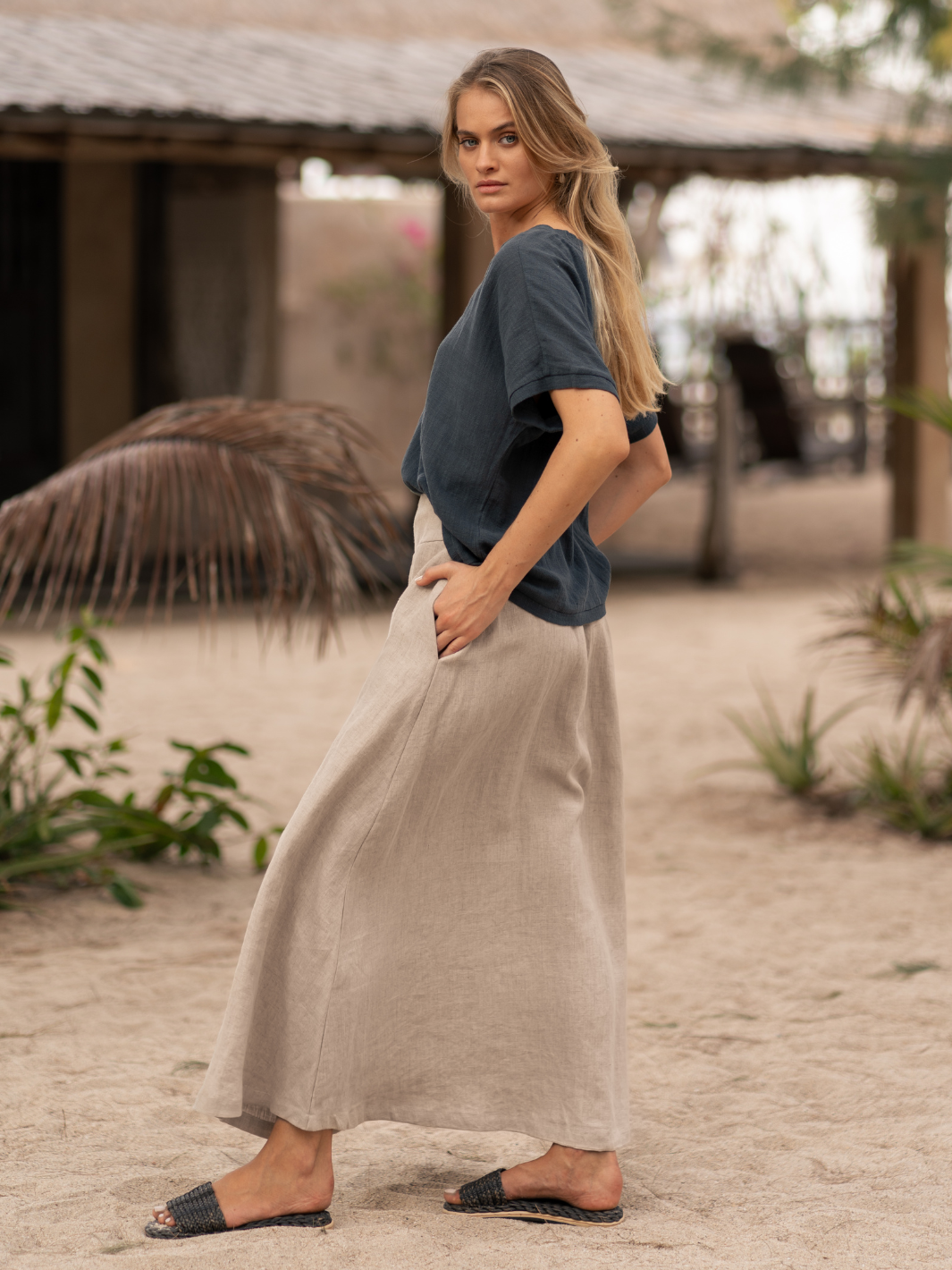 Model wears Soraya Linen Skirt in Flax