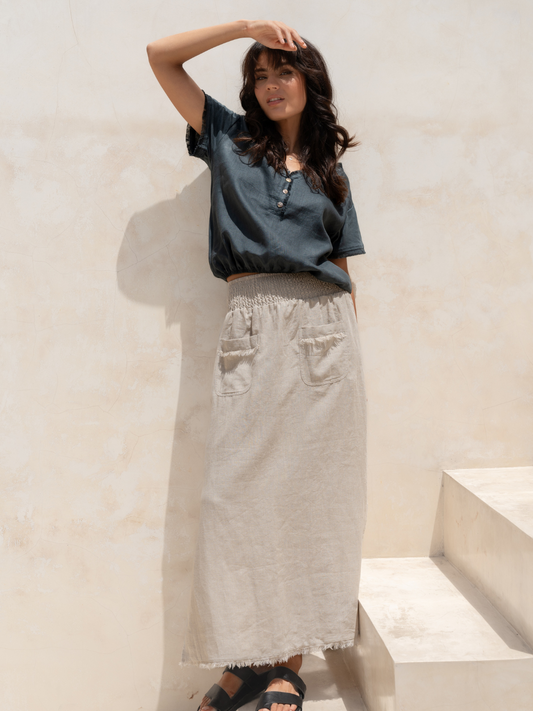 Model wears the Aurora French Linen Skirt in Flax