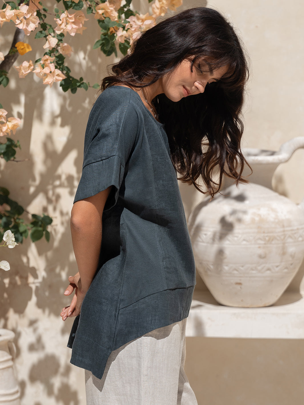 Model wears Model wears Costa French Linen and Cotton Top in Charcoal.