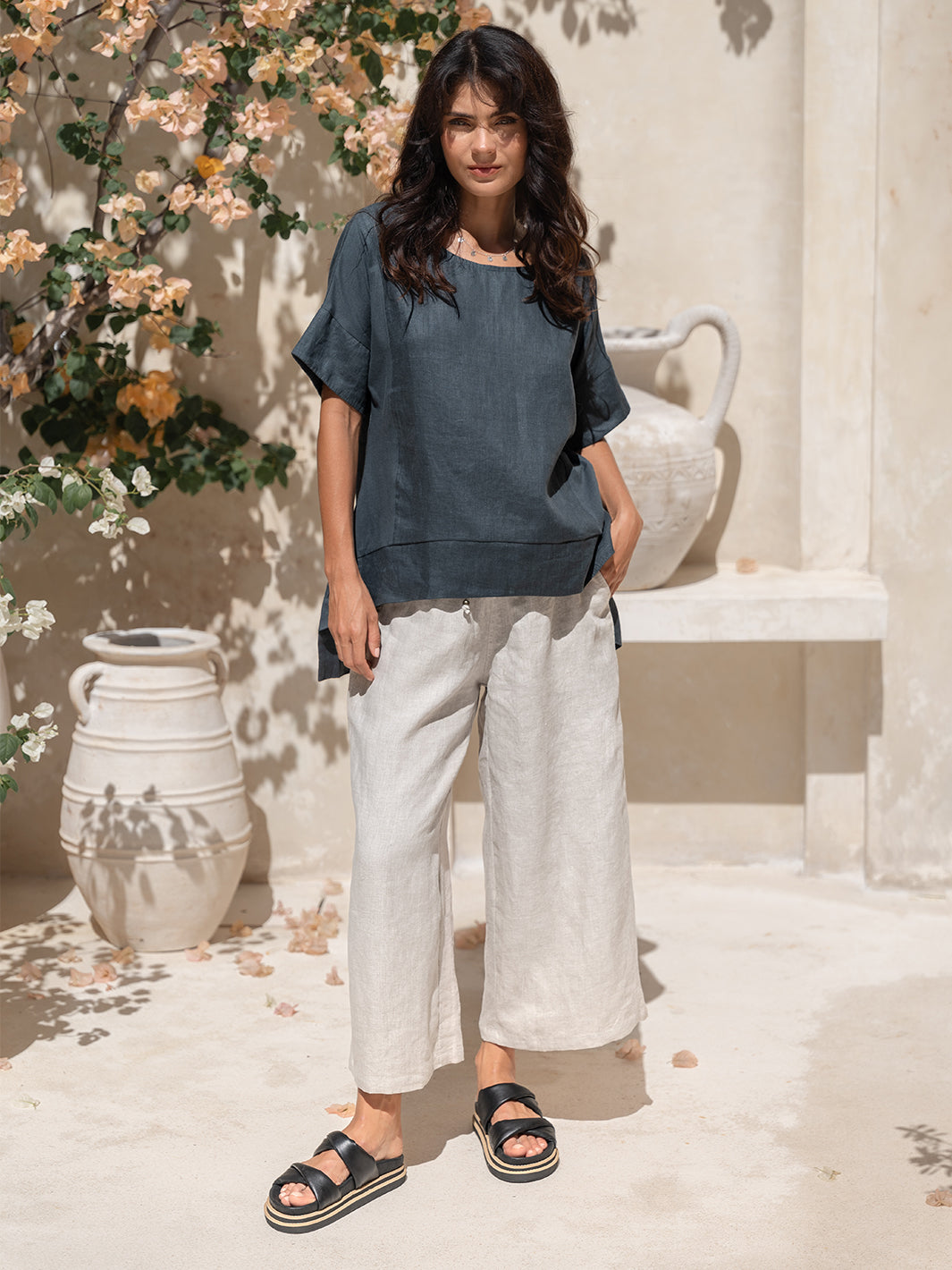 Model wears Model wears Costa French Linen and Cotton Top in Charcoal.