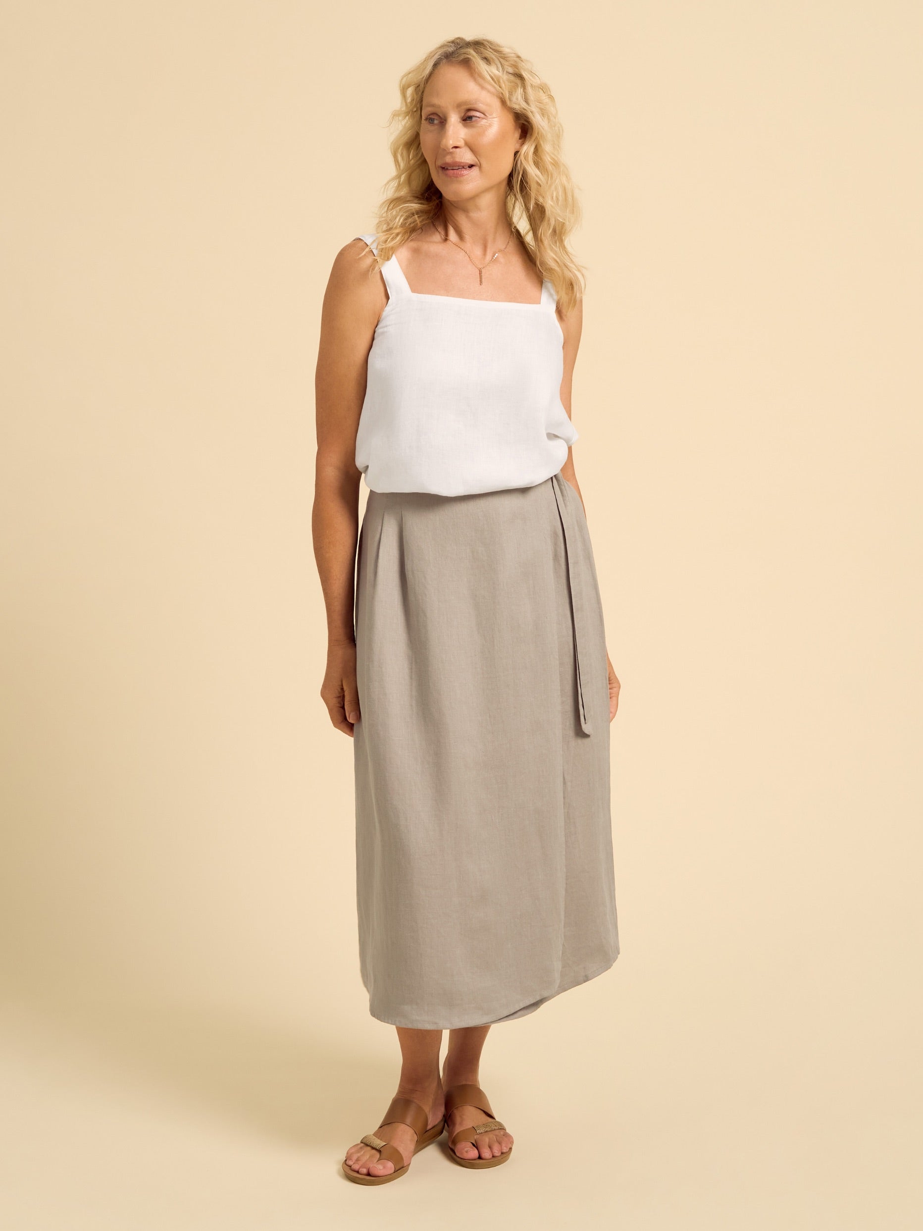Camila Linen Midi Skirt Taupe
