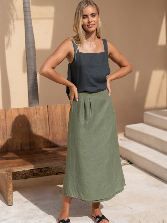 Camila Linen Midi Skirt Olive