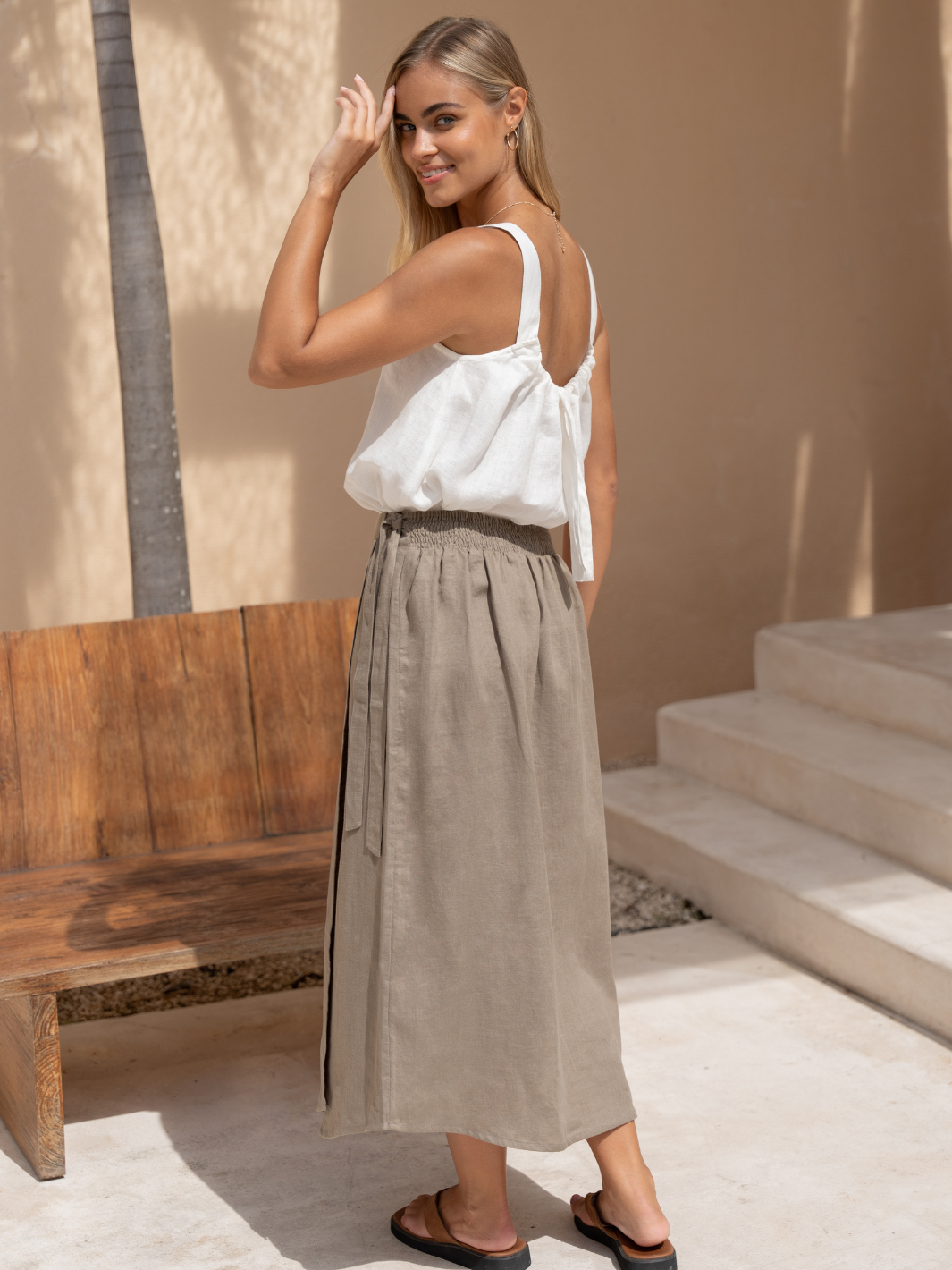Camila Linen Midi Skirt Taupe