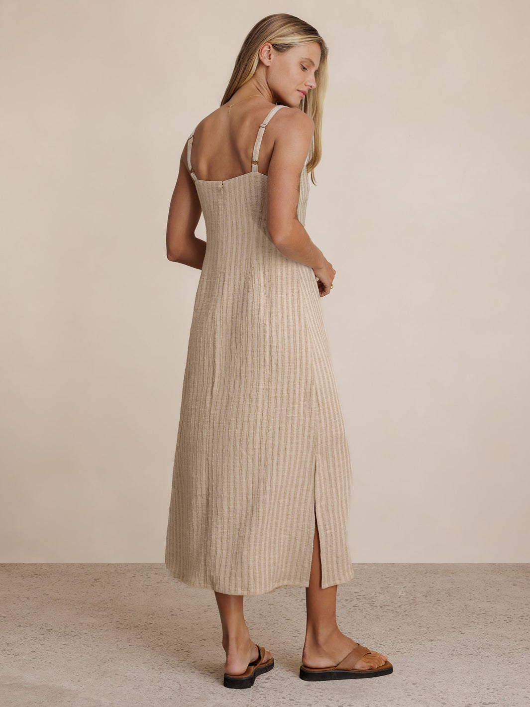 Model wears Mahlia Linen Blend Midi Dress in Stripe