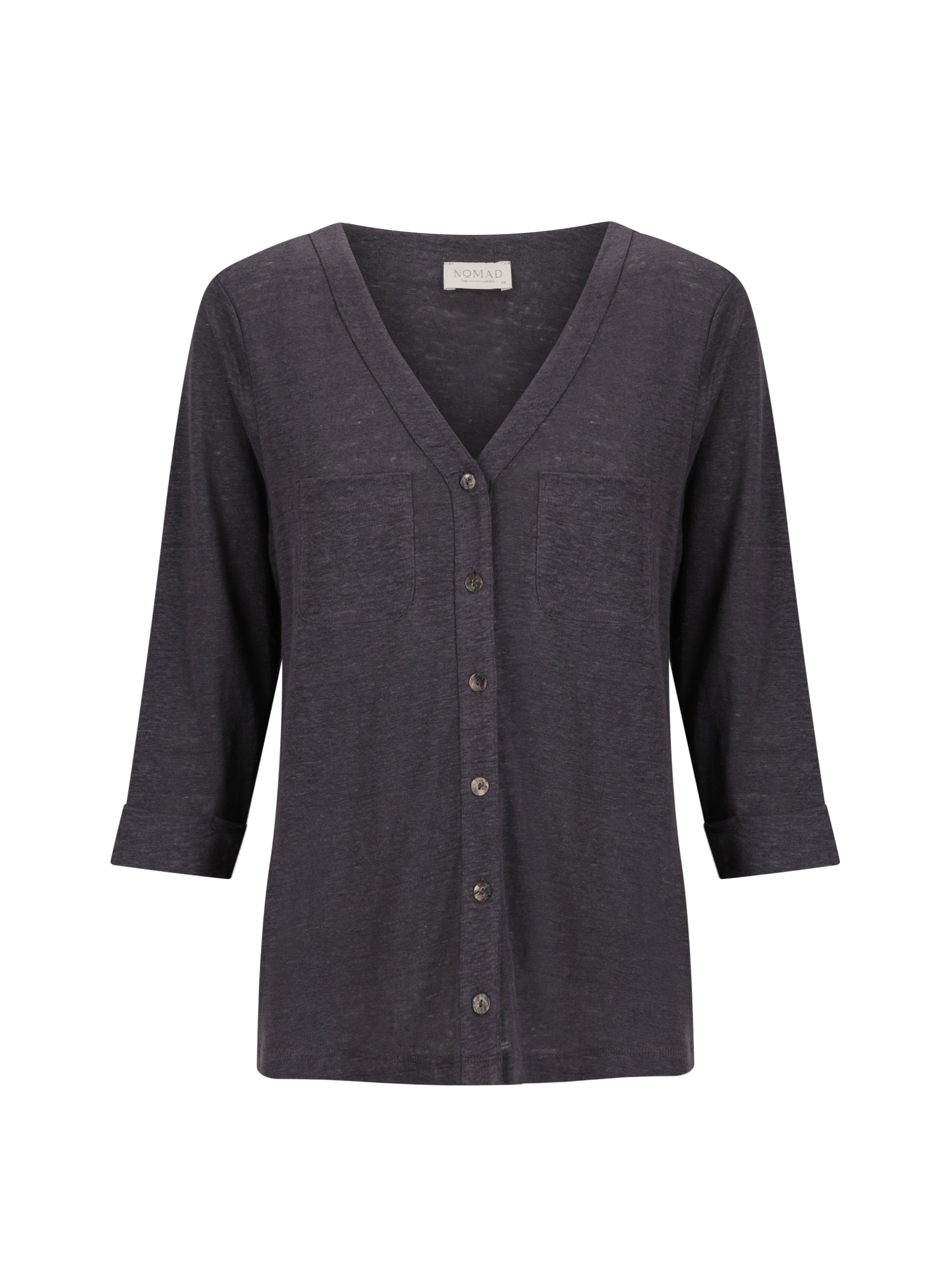 Dark gray cardigan with buttons on a white background
