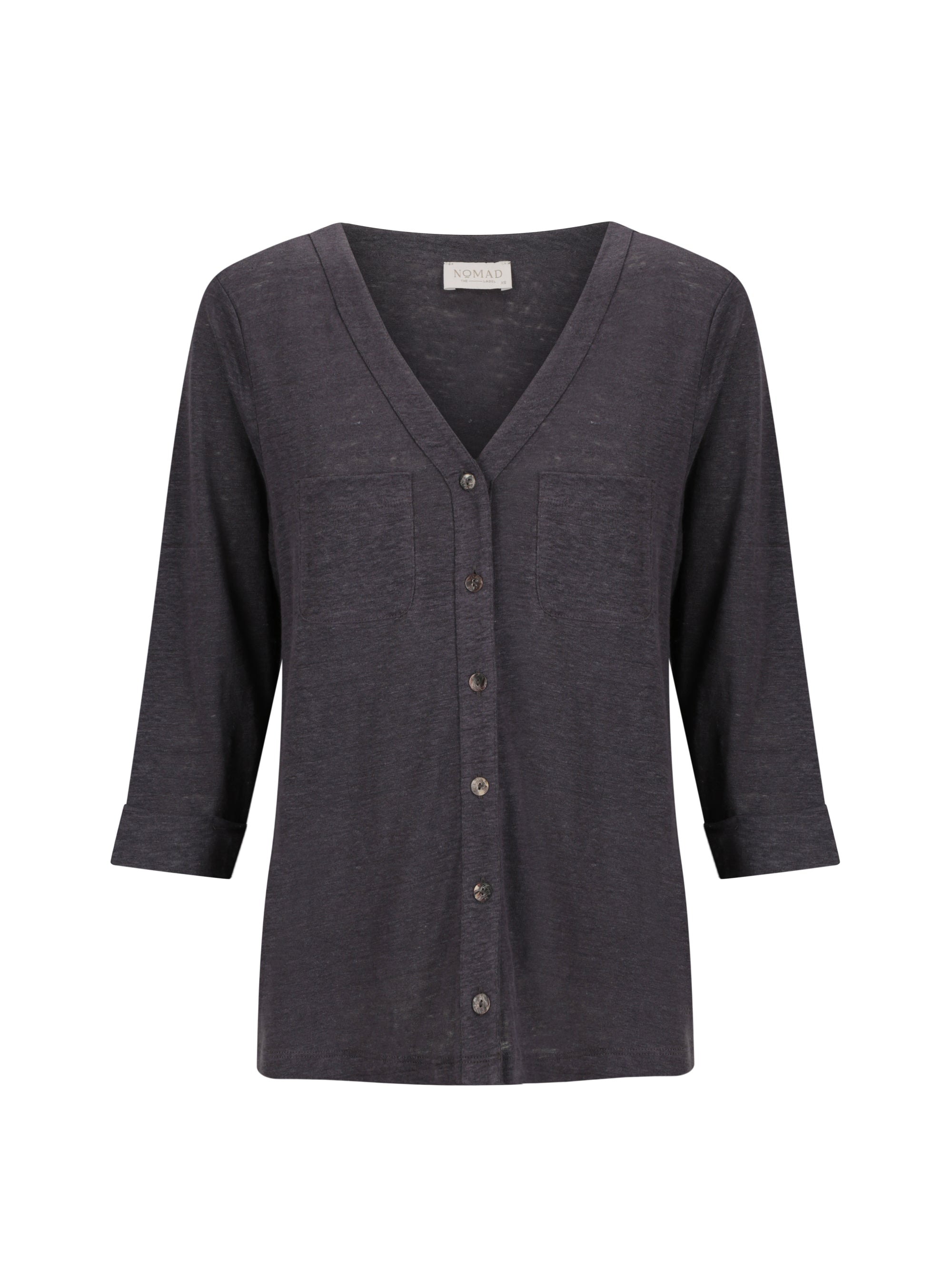 Dark gray cardigan with buttons on a white background