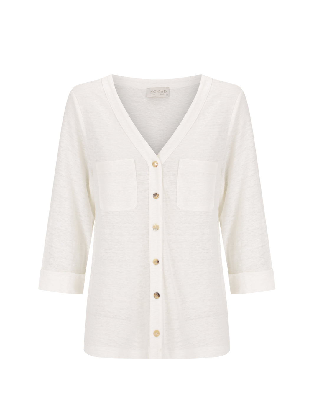 White cardigan with buttons on a white background