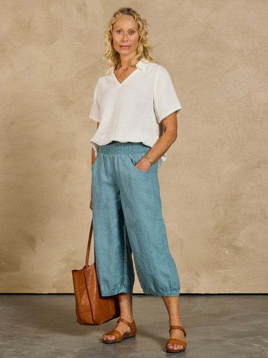 Marrakech French Linen Cropped Pants Tahiti Blue