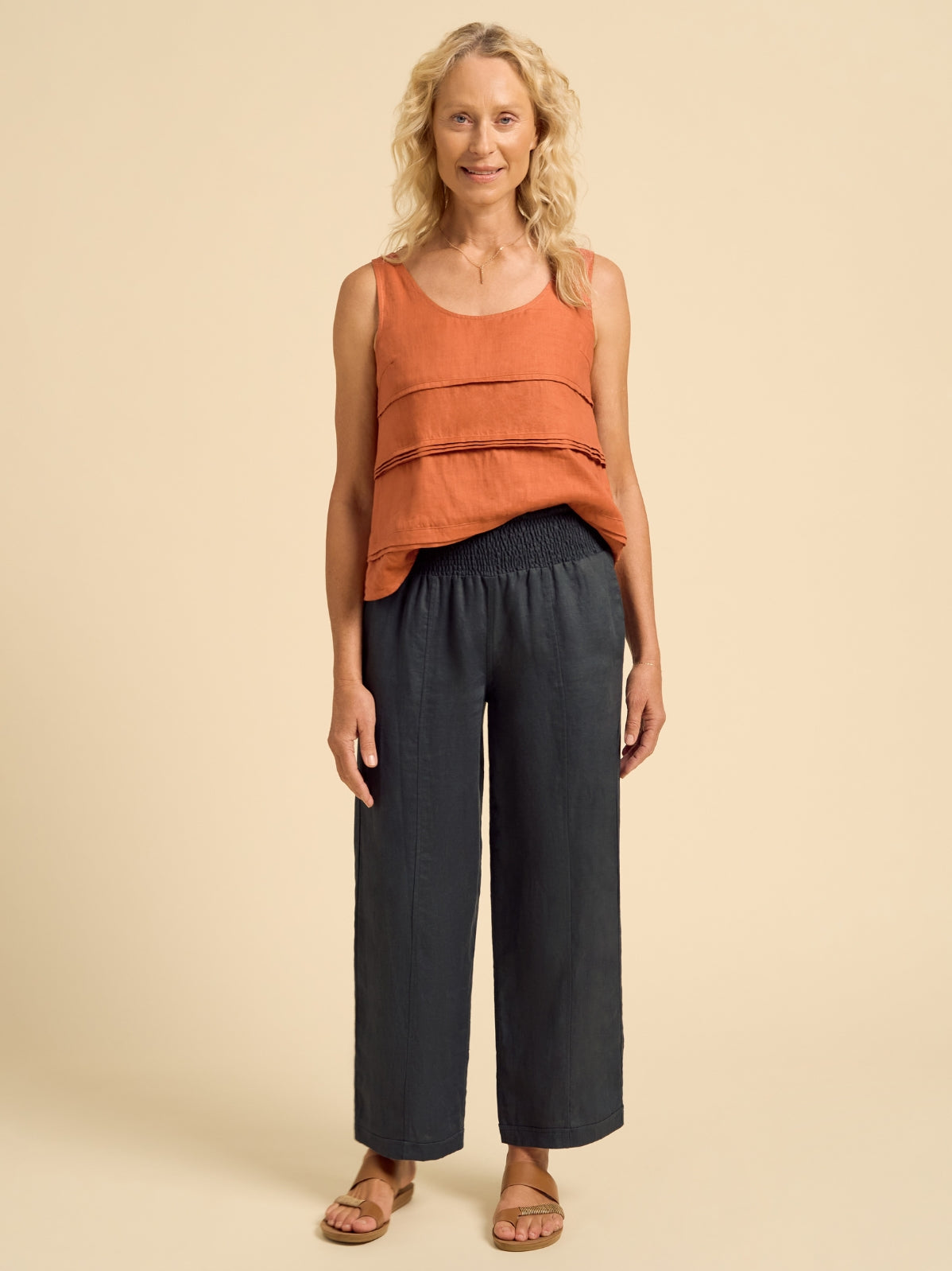 Model wears Morrissey Linen Twill Pants in  Charcoal