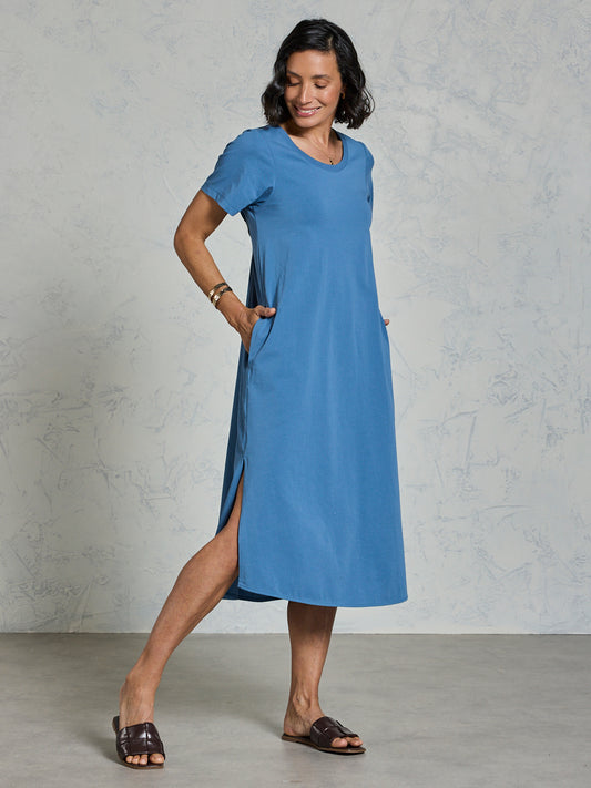 Woman wearing a blue dress against a gray background