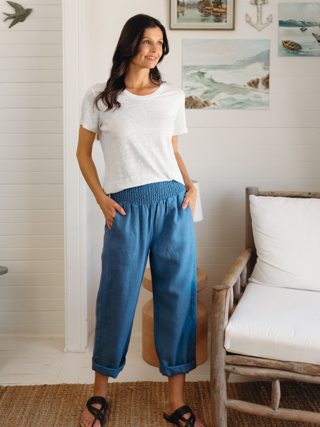 women's linen dress pants Nautical French Linen Pants Aegean Blue (L)