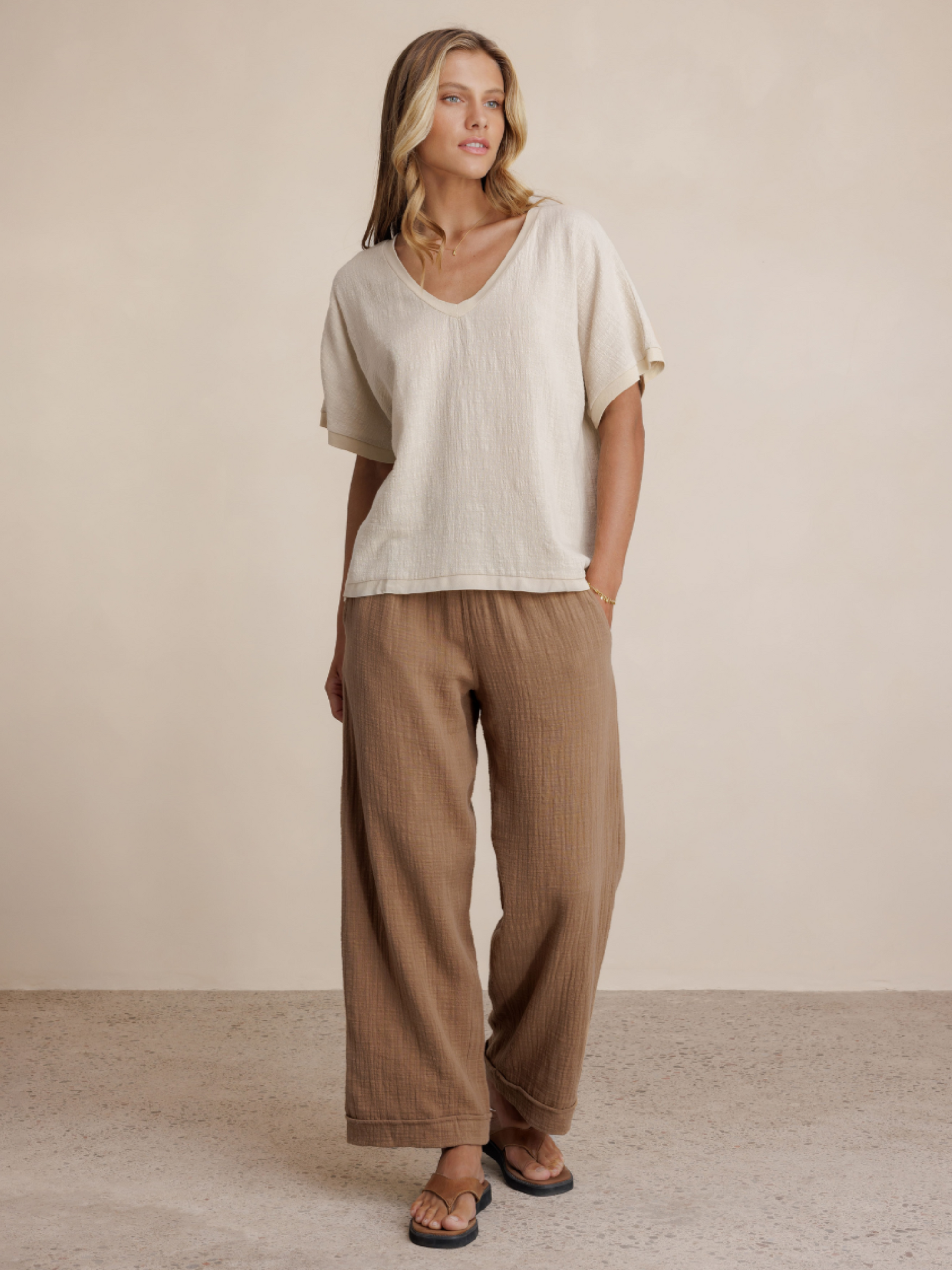 Model wears Montego Cotton Top in Stone
