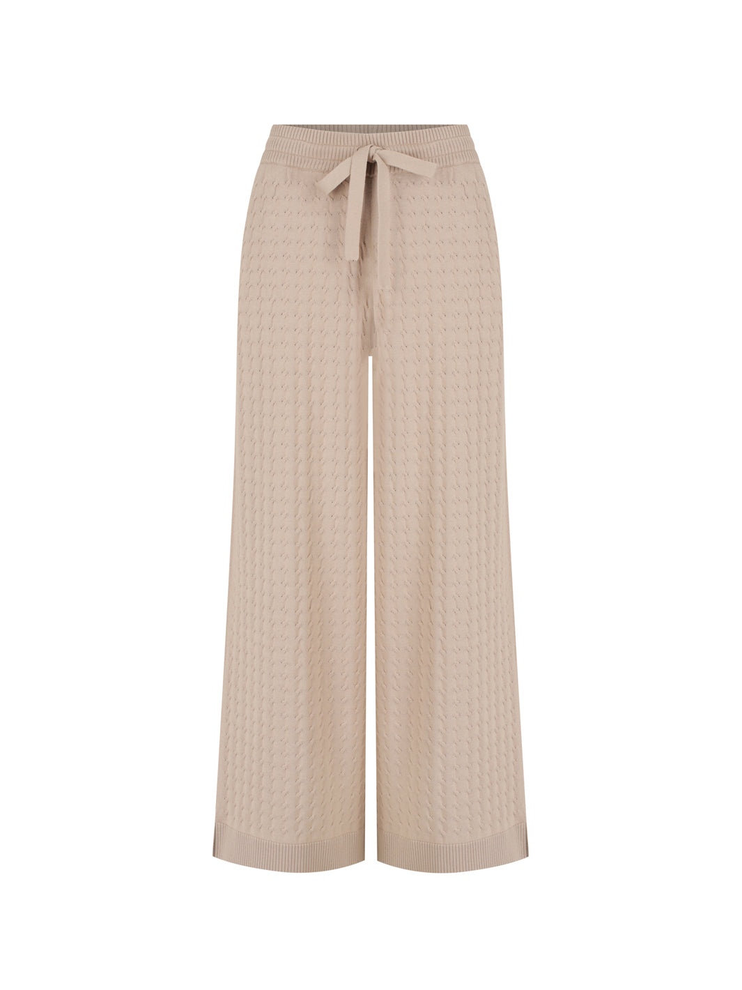 Beige wide-leg pants with a tie waist on a white background