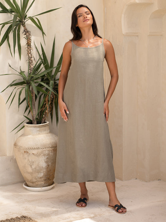 Model wears Peony Linen Dress in Taupe