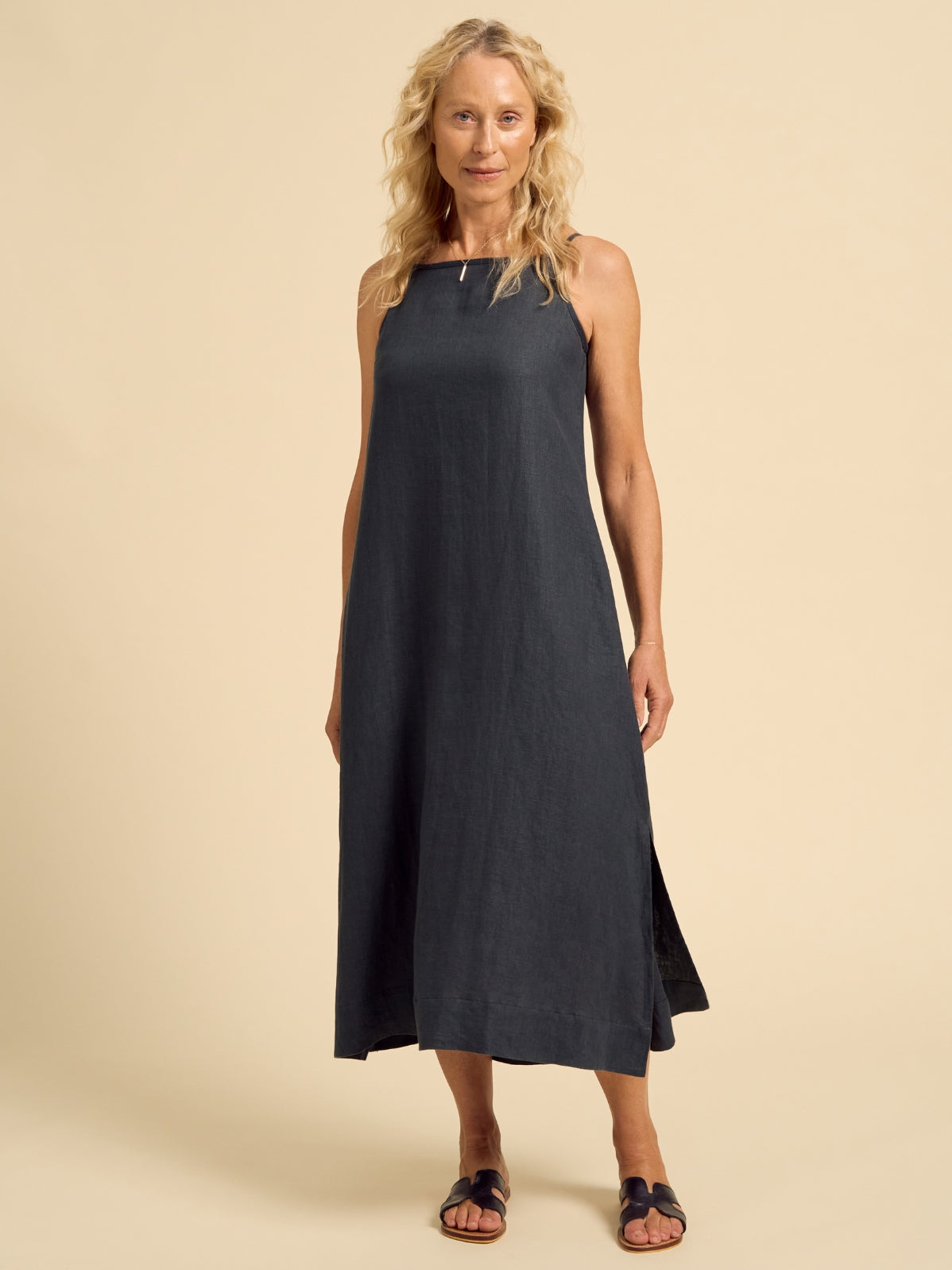 Model wears Peony Linen Dress in Charcoal