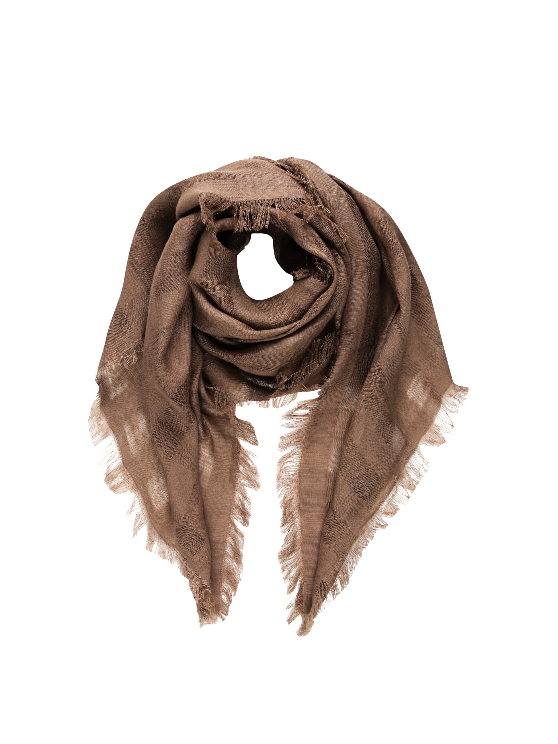 Brown scarf with frayed edges on a white background