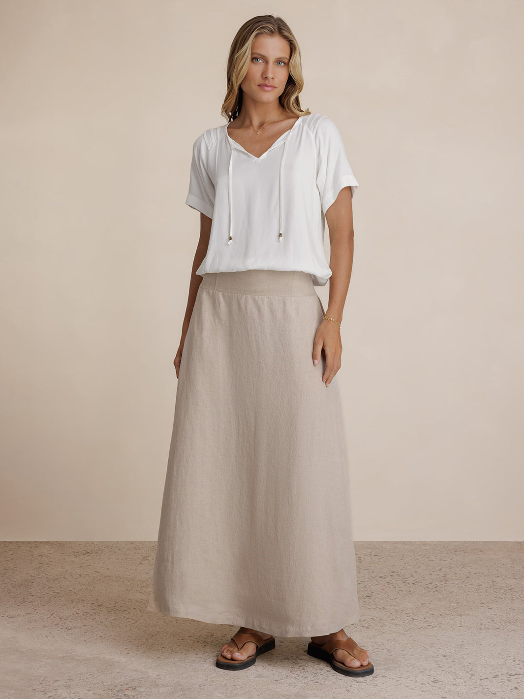 Model wears Soraya Linen Skirt in Flax