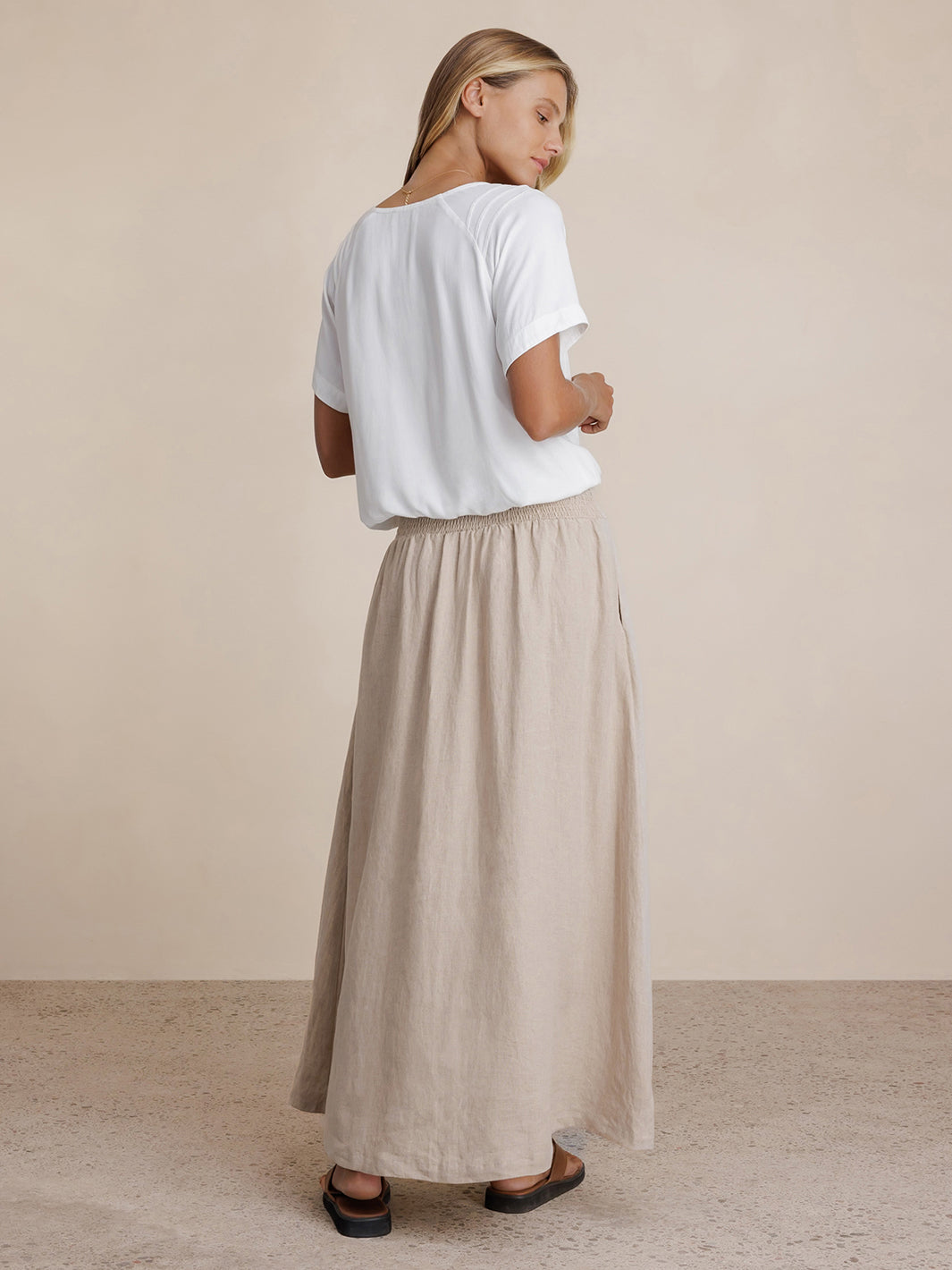 Model wears Soraya Linen Skirt in Flax