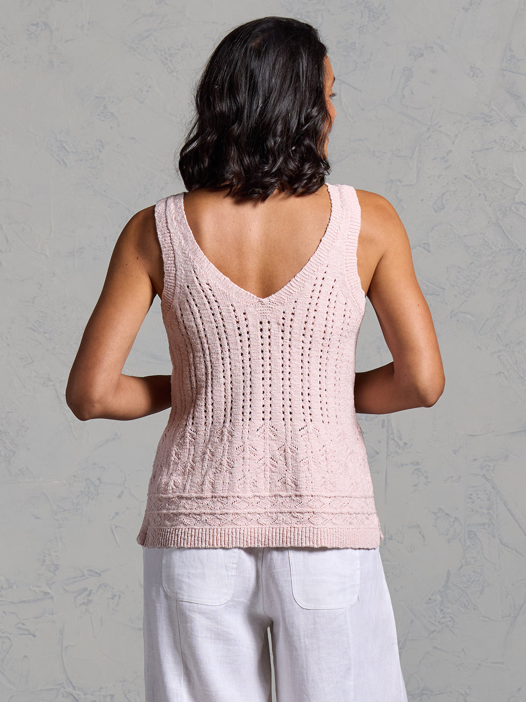Woman wearing Sandlily Cotton Linen Knit Top Rosewater from Nomad the Label