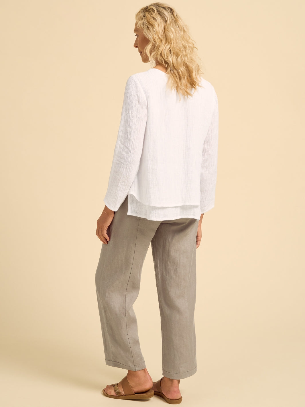 Model wears Viola Linen Top in White