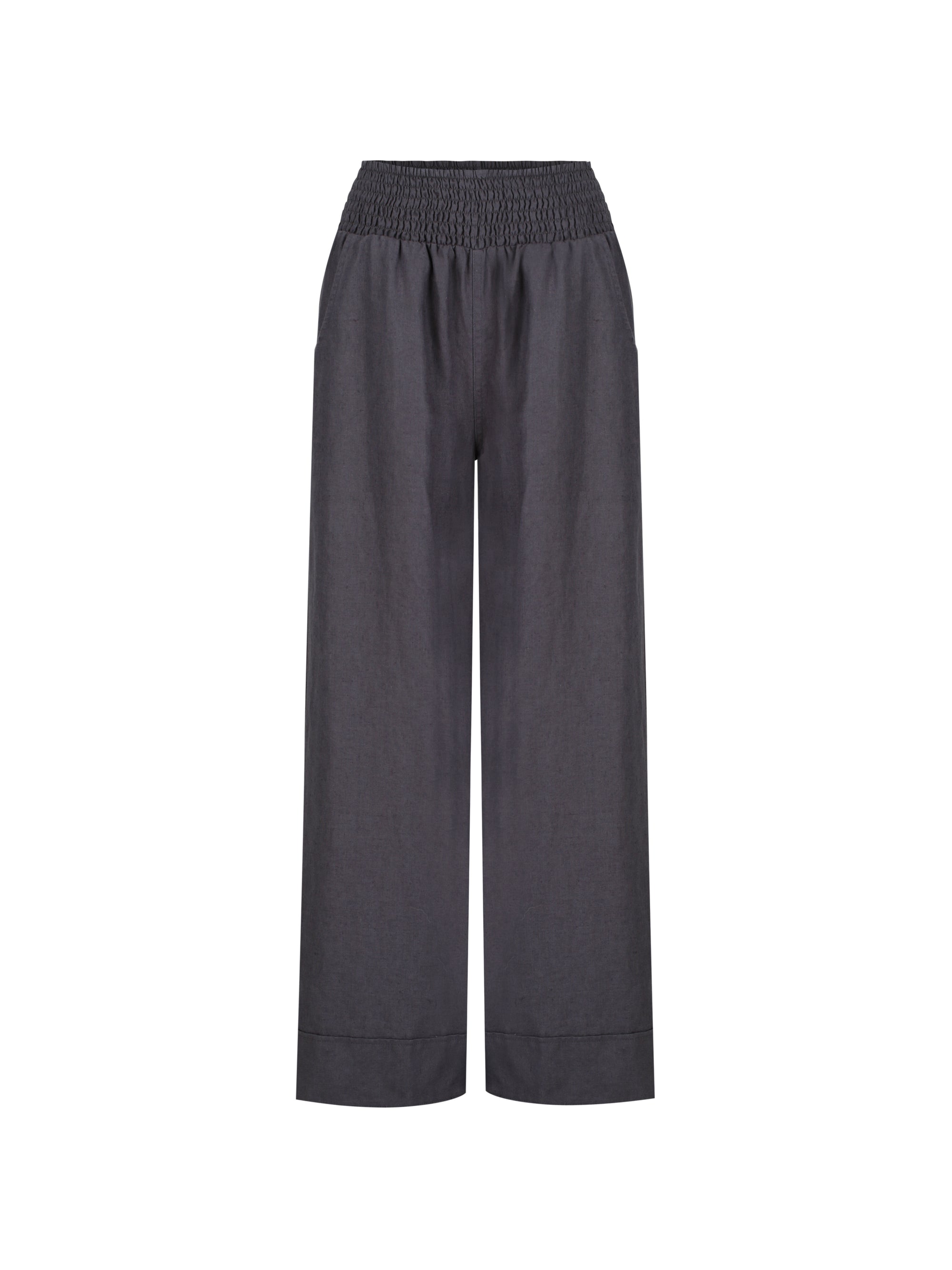 Dark wide-leg pants on a white background