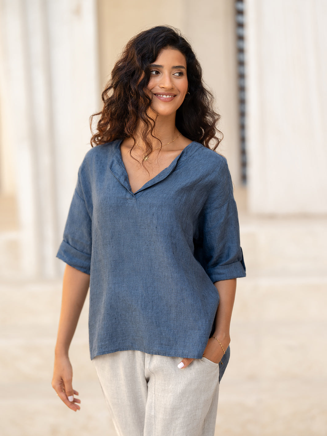 Arya French Linen Shirt Pacific Blue