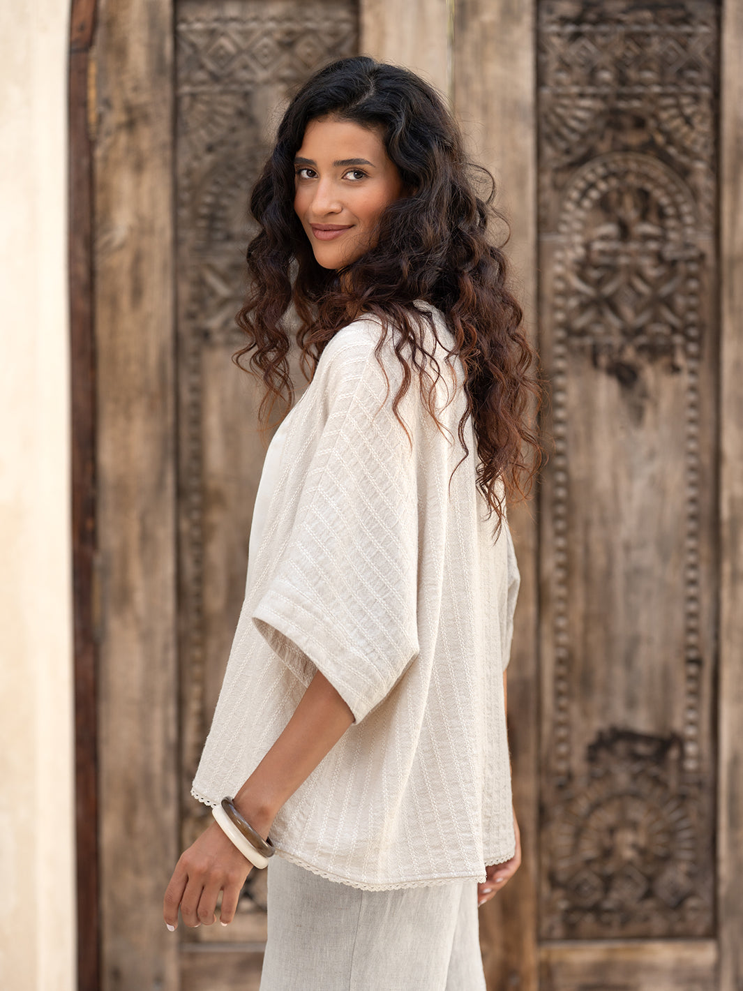 Laia Linen Cotton Kimono Oat Stripe