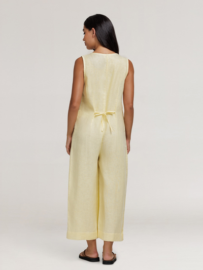 Model wears Florentina Linen Jumpsuit in Lemon