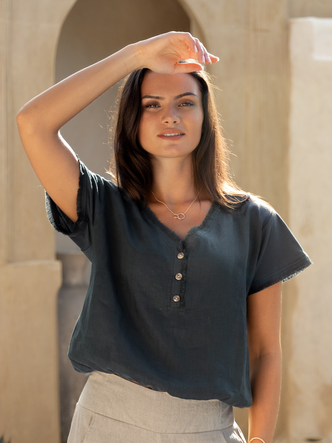 Model wears Vivre Linen and Cotton Blouse in Charcoal