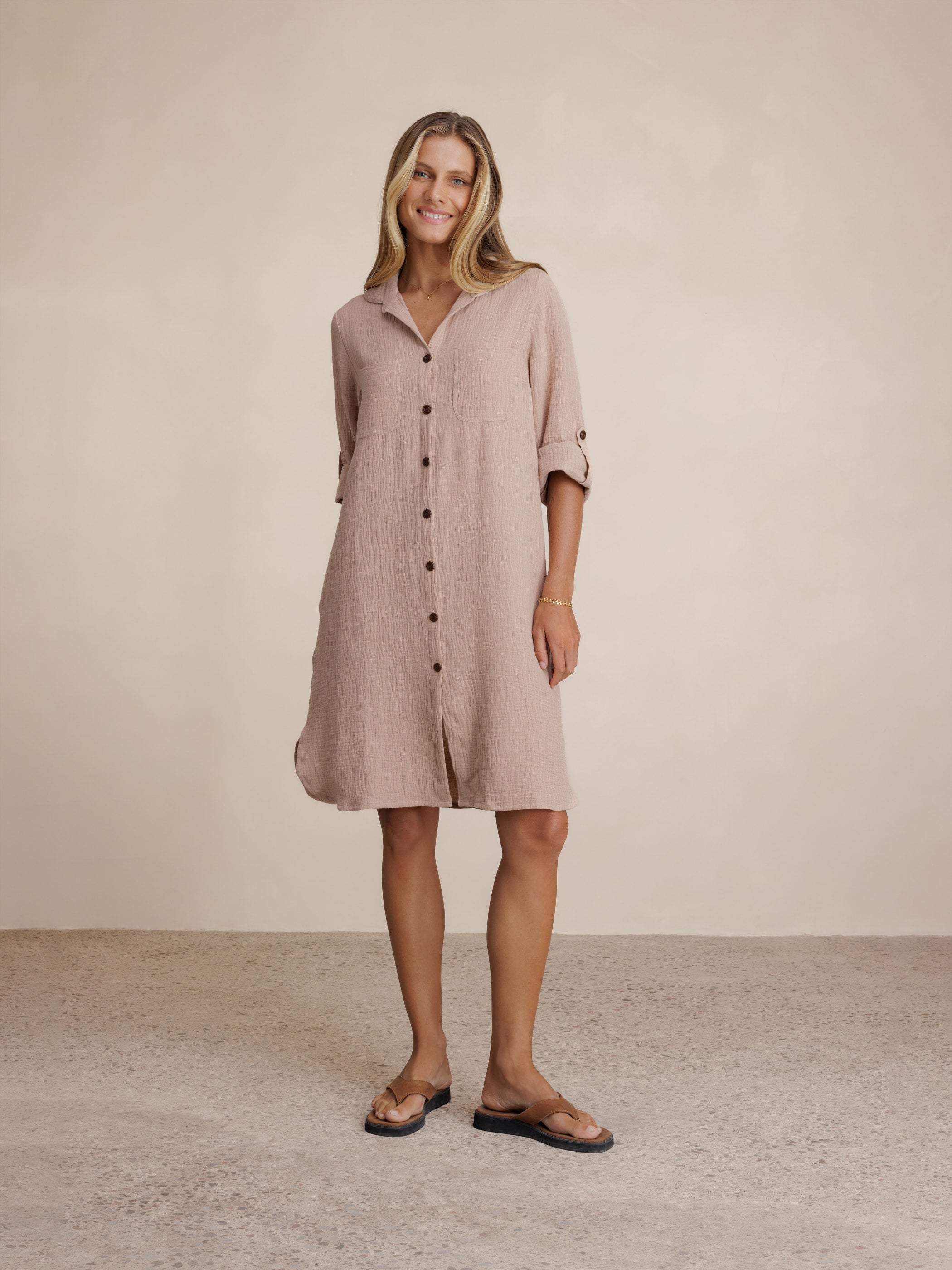 Model wears Harley Cotton Shirt Dress in Tea Rose