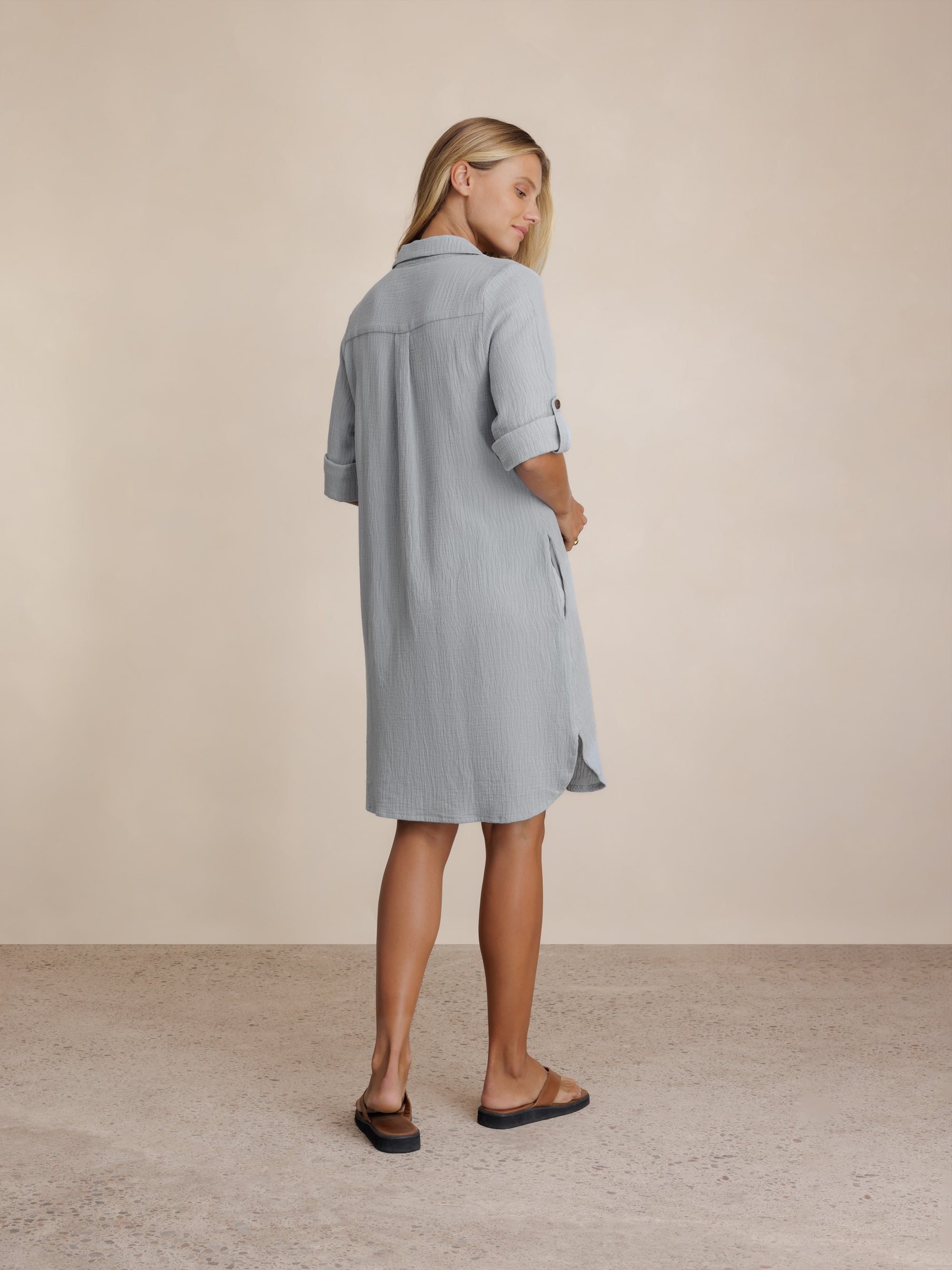 Model wears Harley Cotton Shirt Dress in Slate Blue