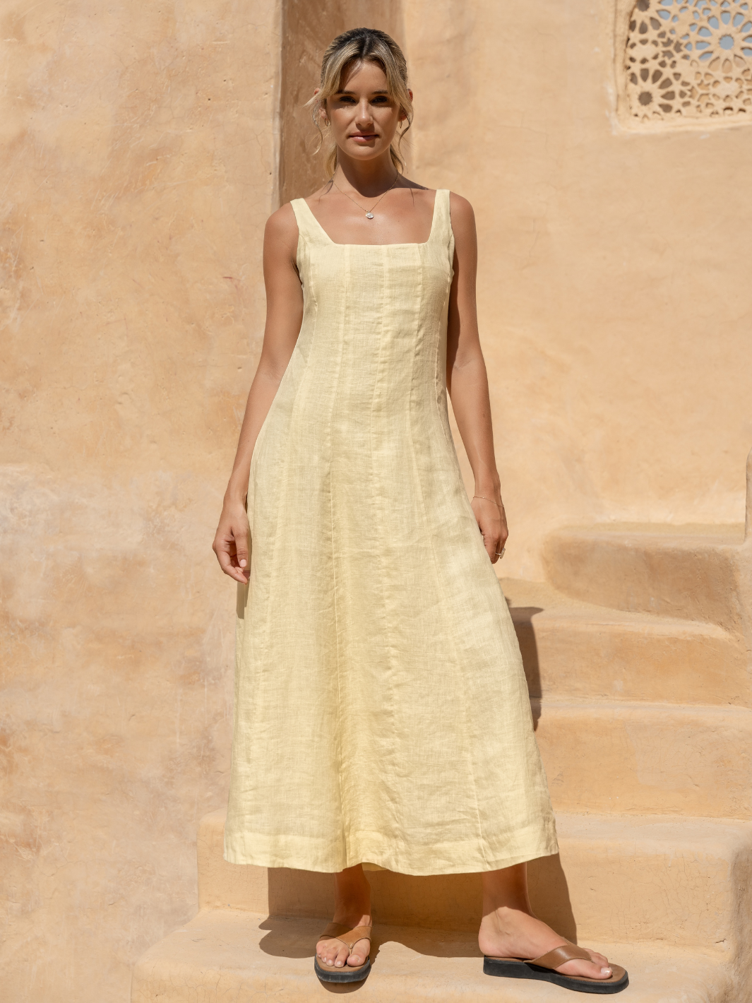 Model wears Rosalina Linen Midi Dress in  Lemon