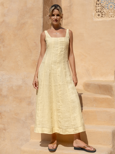 Rosalina Linen Midi Dress Lemon | Linen Dress – Nomad the Label US