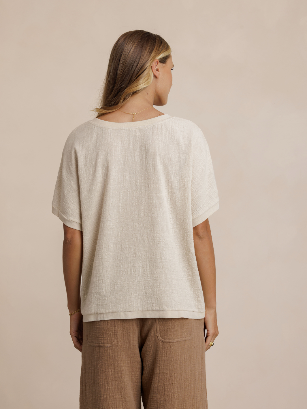 Model wears Montego Cotton Top in Stone