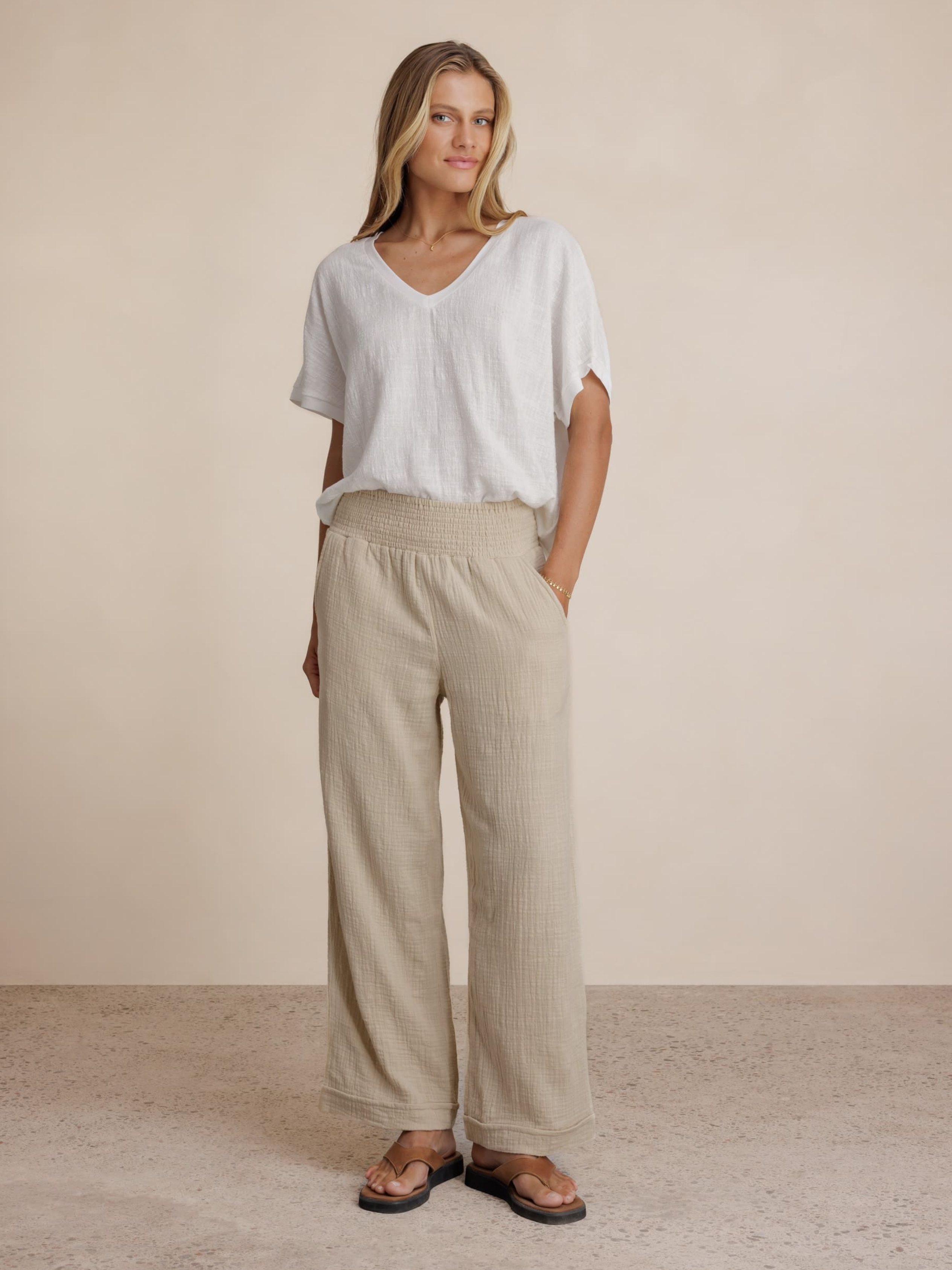 Model wears Sancia Cotton Pants in Stone