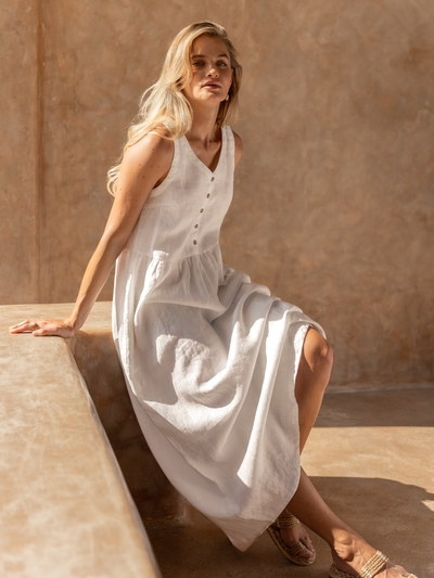 Model wears Saffron Linen Maxi Dress in White