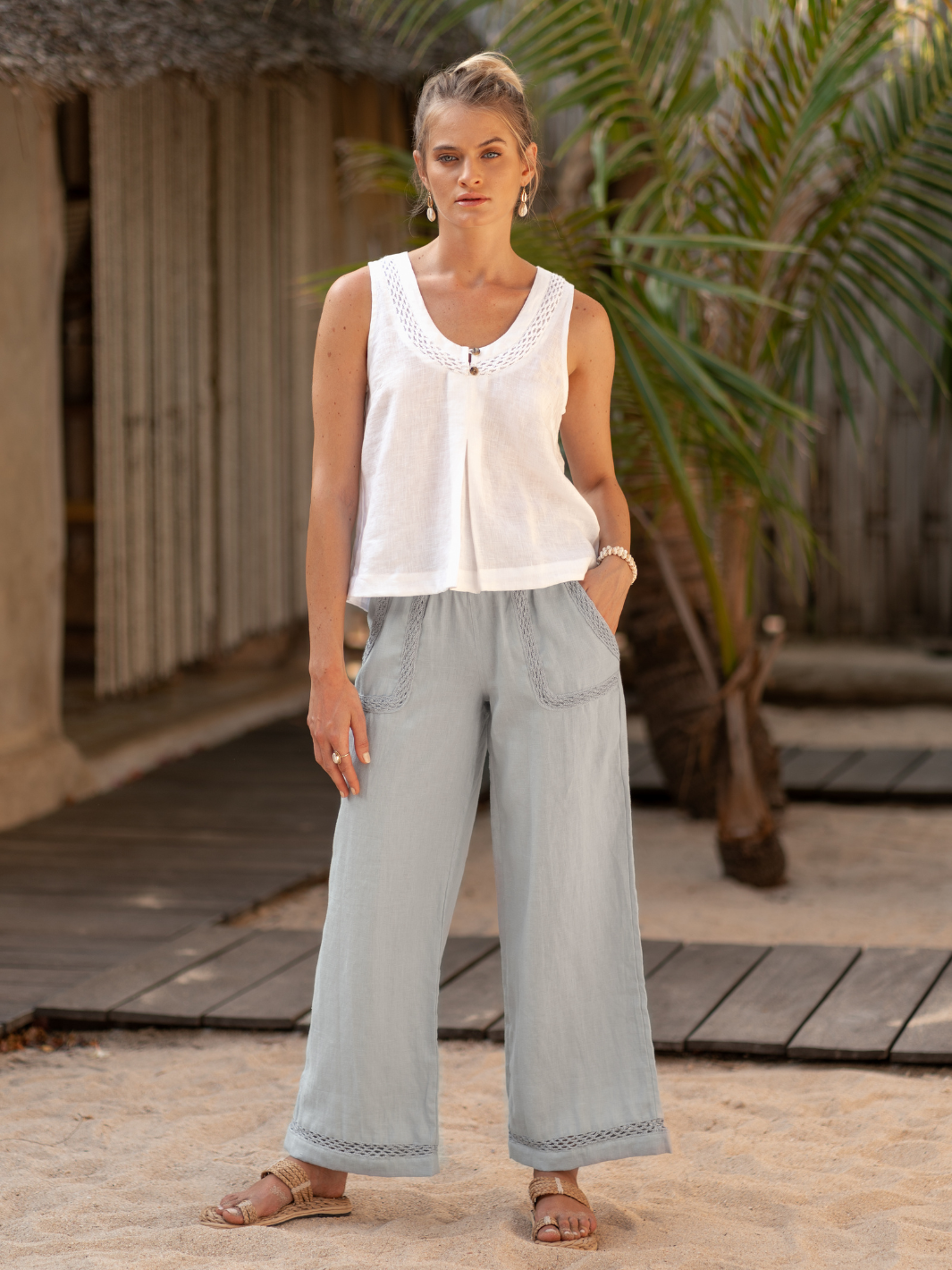 Model wears Cebu Linen Pants in White & Suvi Linen Top in White