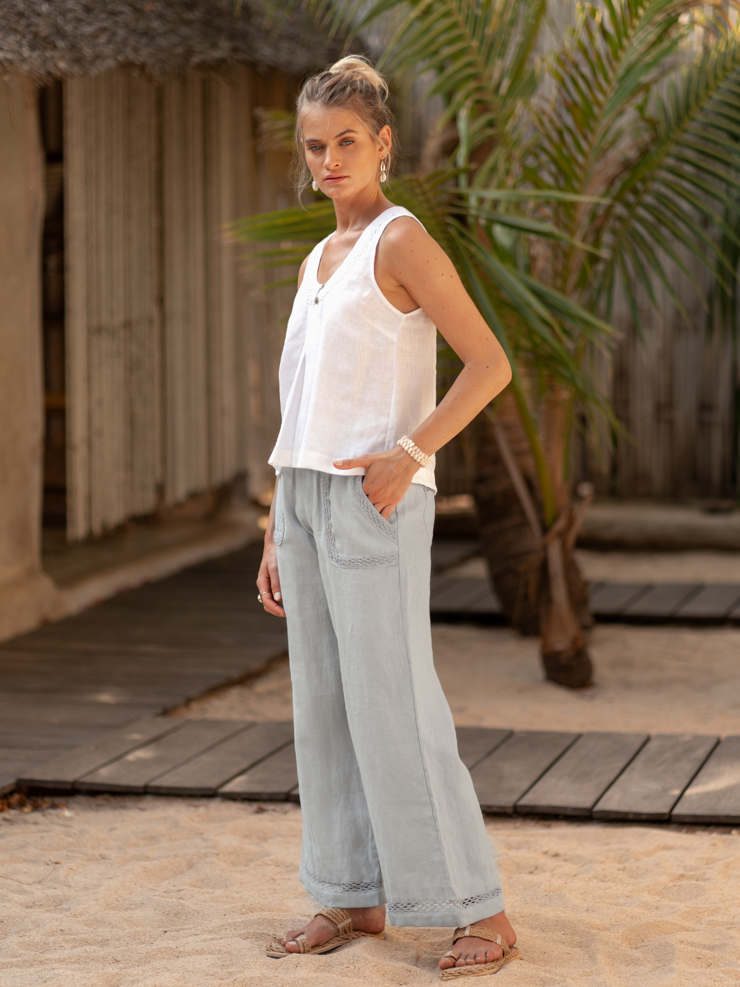 Model wears Cebu Linen Pants in White & Suvi Linen Top in White