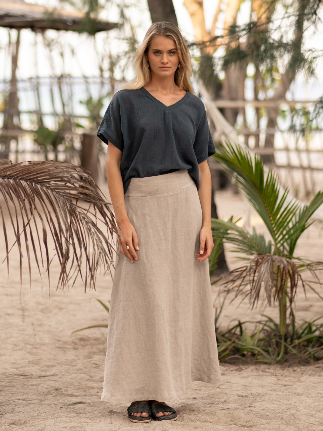 Model wears Soraya Linen Skirt in Flax
