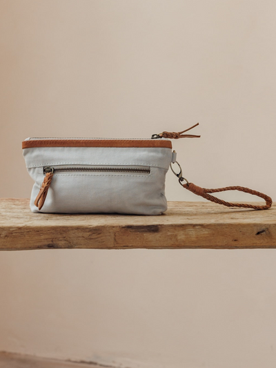 Image features Avalon Canvas Clutch in  Slate Blue.