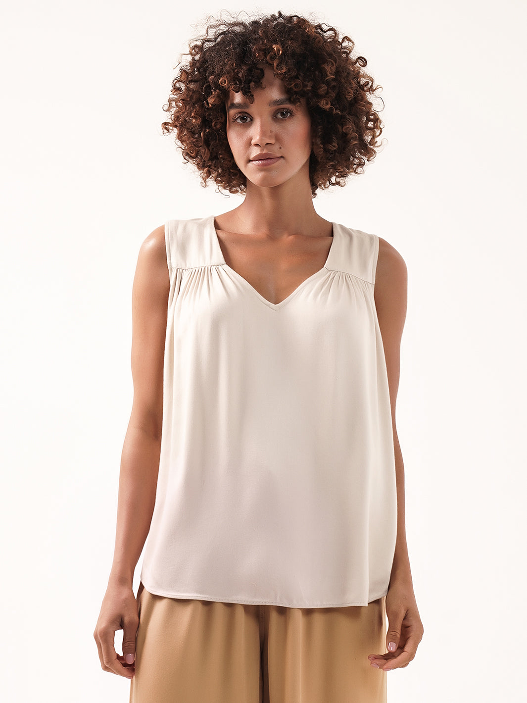 Model wears Alba Bamboo Top in Stone