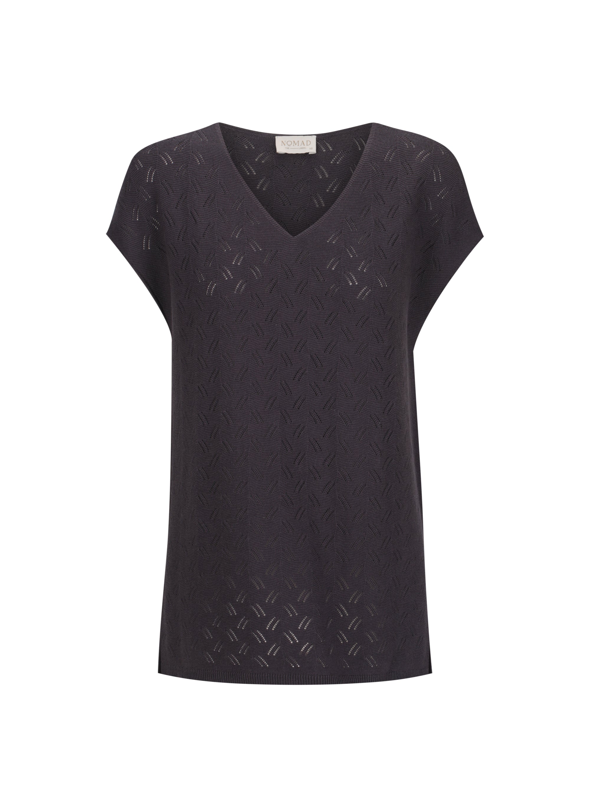 Black sleeveless top with a subtle pattern on a white background