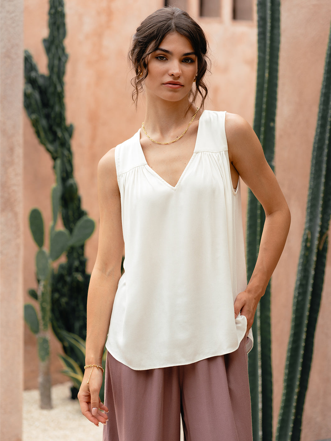 Model wears Alba Bamboo Top in Ivory