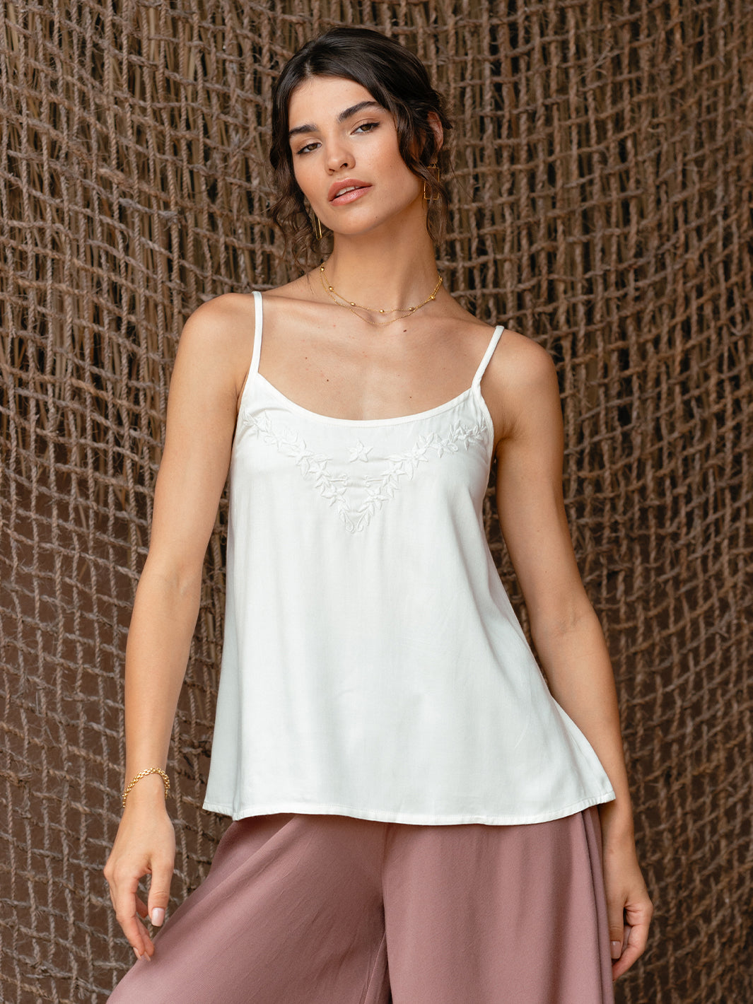 Model wears Verona Bamboo Cami Top in Ivory