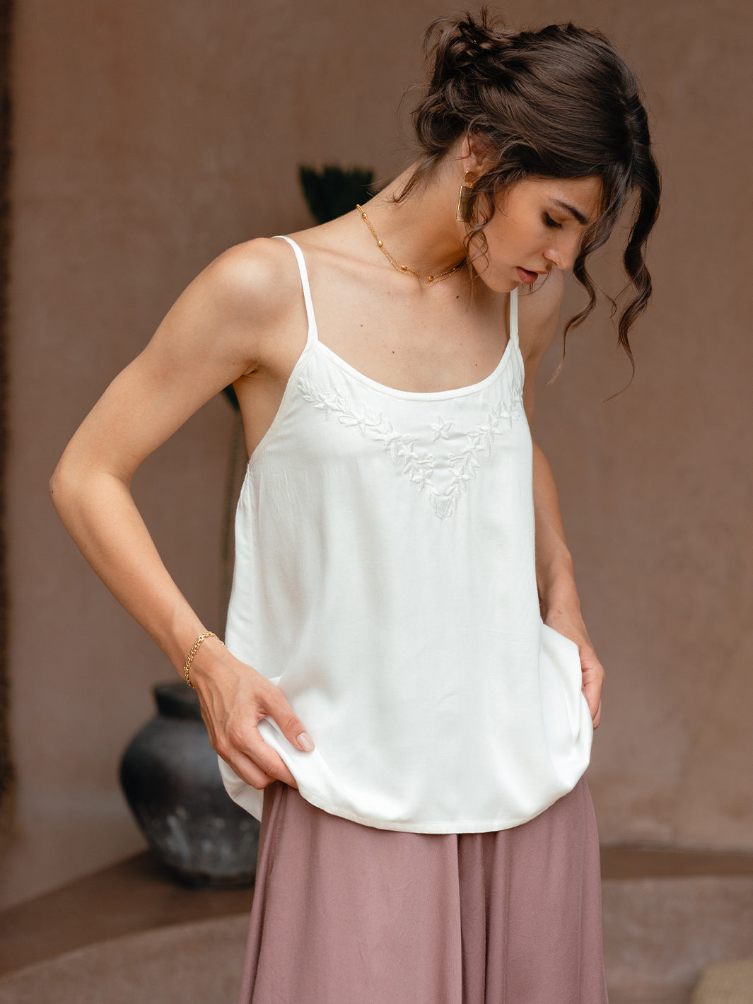 Model wears Verona Bamboo Cami Top in Ivory