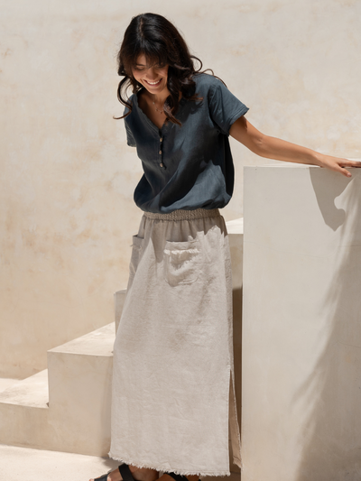 Model wears the Aurora French Linen Skirt in Flax