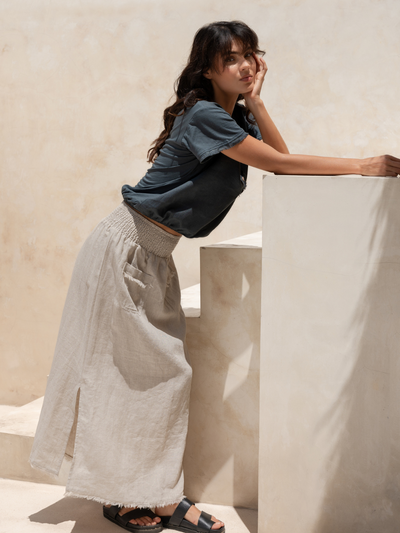 Model wears the Aurora French Linen Skirt in Flax