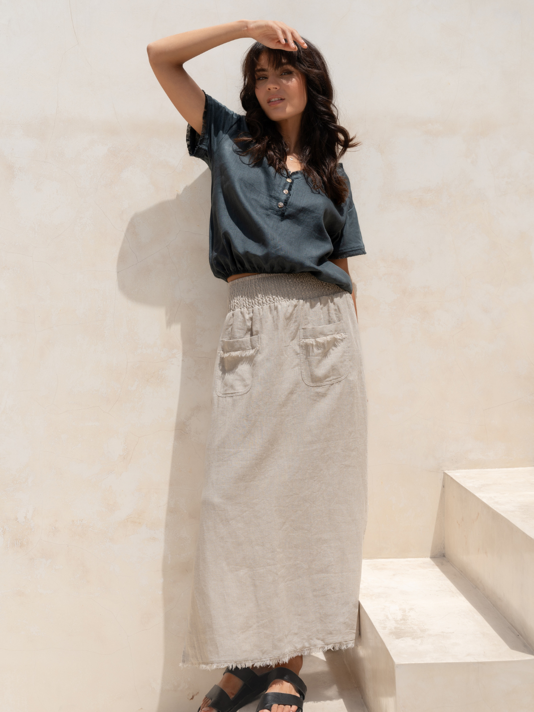 Model wears the Aurora French Linen Skirt in Flax